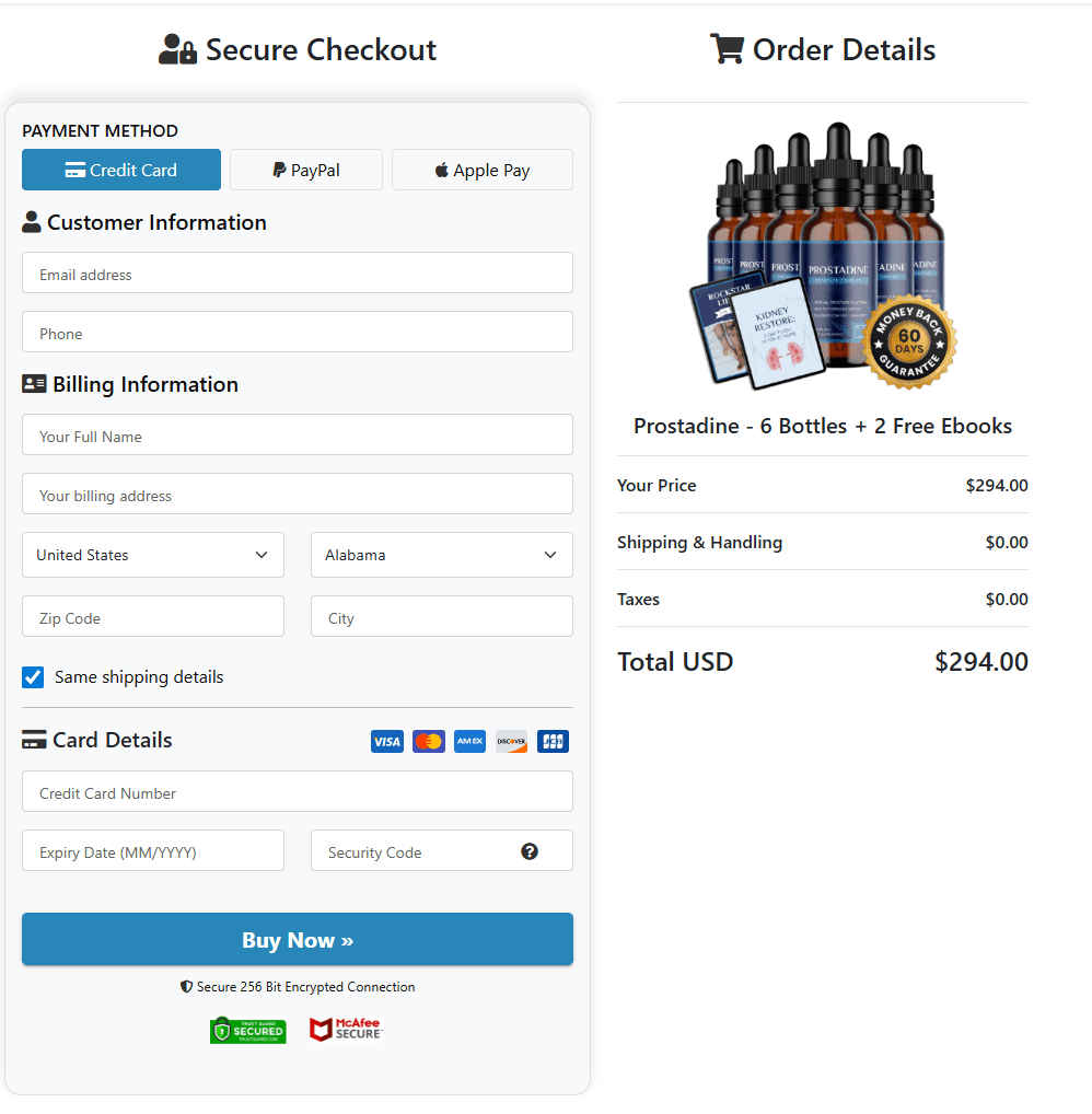 Prostadine Checkout page